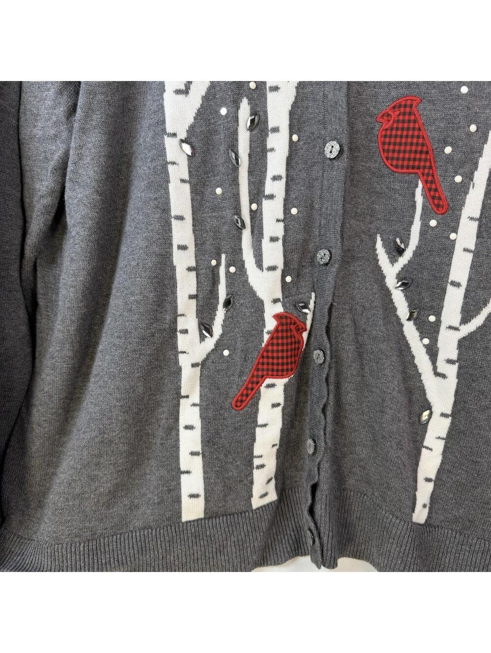 CJ Banks Gray Women’s Sweater Button Up Cardigan Red Cardinals 1X Birch Trees - Picture 8 of 9
